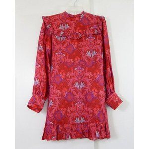 ZARA mini dress long sleeve floral ruffle retro jacquard party holiday red S